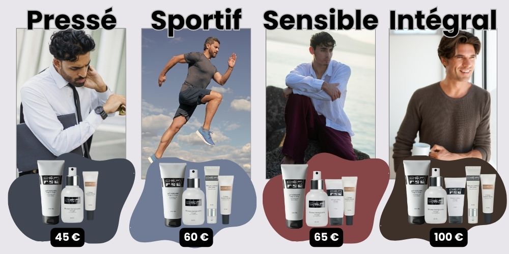 4 profils routines beauté homme adaptées : professionnel pressé 45€, 
sportif actif 60€, sensible irritation 65€, complet transformation 100€